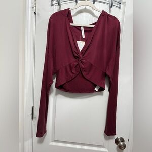 NWT Fabletics Liv Twist Front Hoodie women’s L maroon cropped ballet core‎ boho